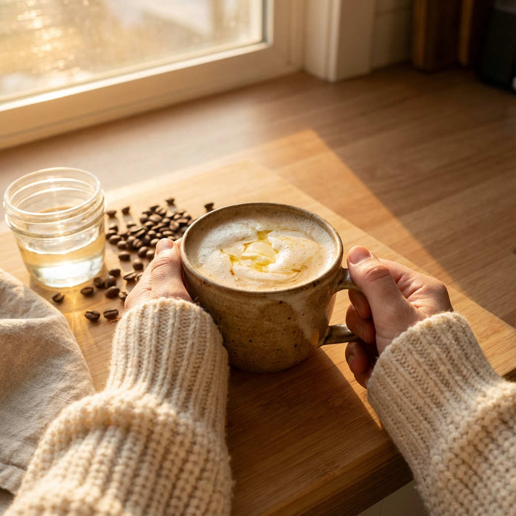 Cremiger Bulletproof Coffee mit goldener Schaumkrone