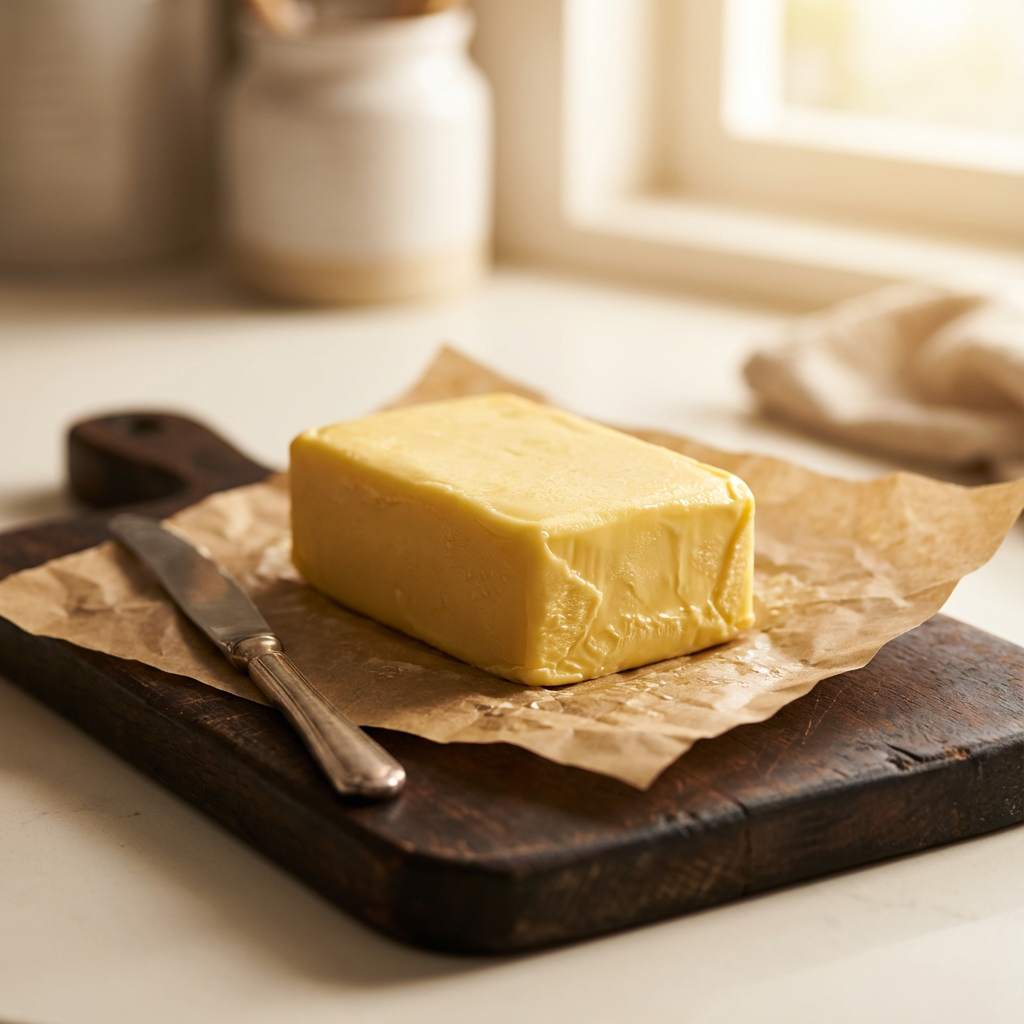 Goldene Weidebutter auf Holzbrett